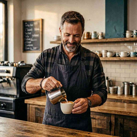 Portrait of a senior barista pouring coffee in a cup.