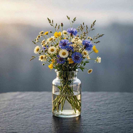Bouquet of cornflowers and wildflowers in a glass vase.