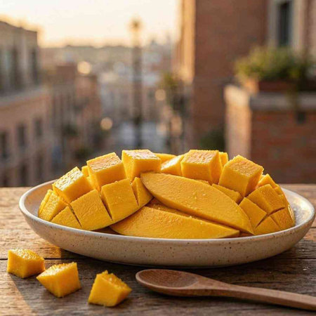 Mango slices on a plate with wooden spoon on the background of the city