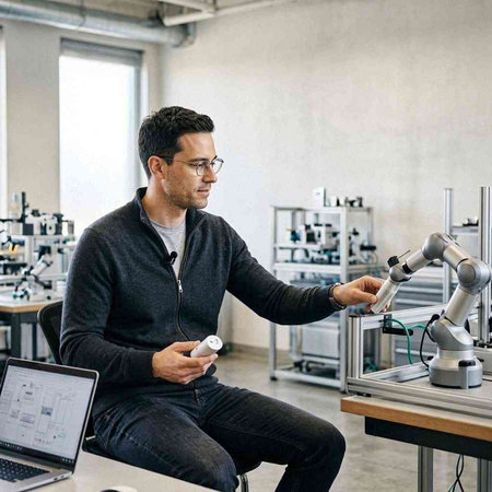 Portrait of a young man using a robotic arm at the factory