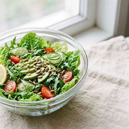 Healthy salad with tomatoes, cucumbers, arugula and sunflower seeds in a glass bowl