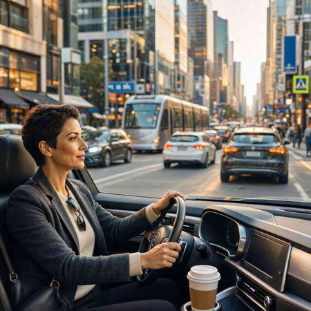 Businesswoman driving a car on a city street with traffic in the background