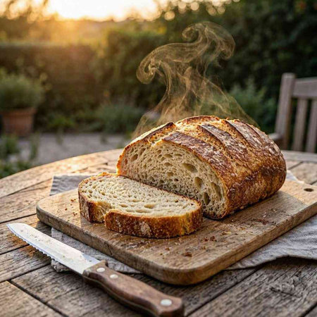Sliced loaf of bread on a cutting board with a knife