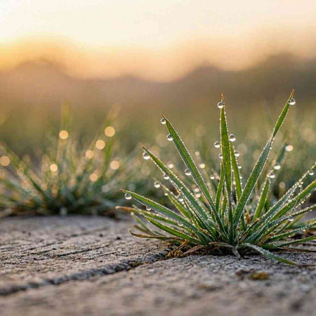 Fresh grass with dew drops on the ground in the morning.