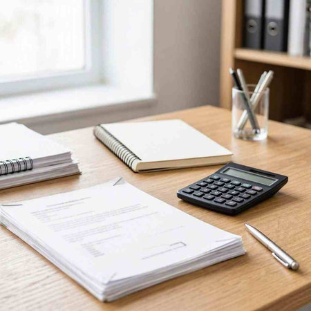 Office table with notepad, calculator and pen. Business and finance concept
