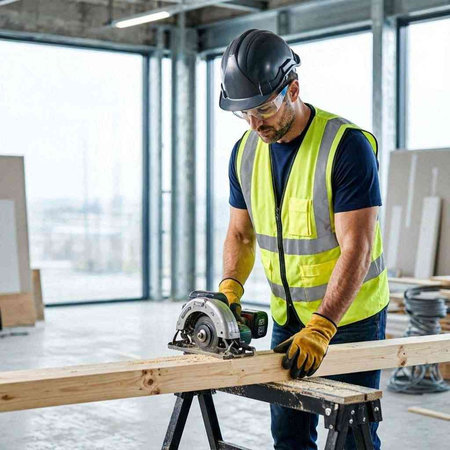 Carpenter working with a circular saw on a construction site.