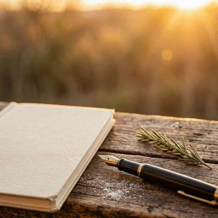 fountain pen, book and rosemary on a wooden table at sunset