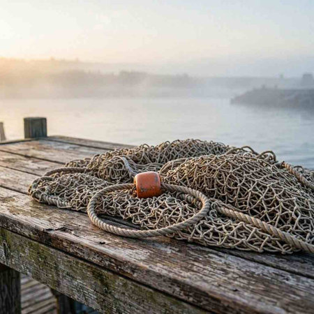 Fishing net on a wooden pier in the foggy morning.