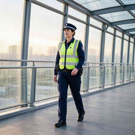 Portrait of a security guard standing in a modern office building.