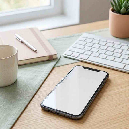 Smartphone with blank screen mockup on wooden desk in office.