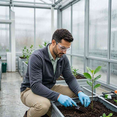 Portrait of a young man in a greenhouse, planting seedlings