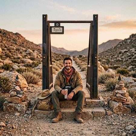 Tourist with a camera in the desert of Nevada, USA.