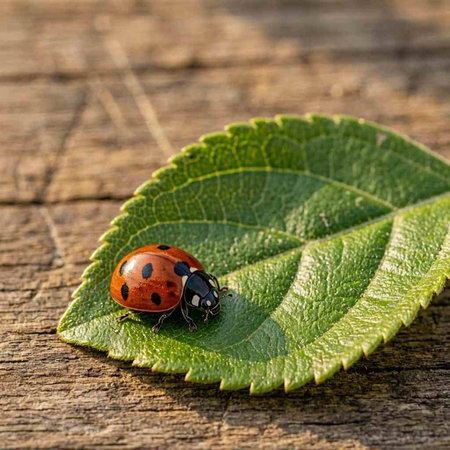 ladybug on a green leaf on a wooden background. macro
