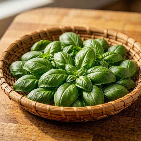 Fresh green basil leaves in a wicker basket on a wooden table