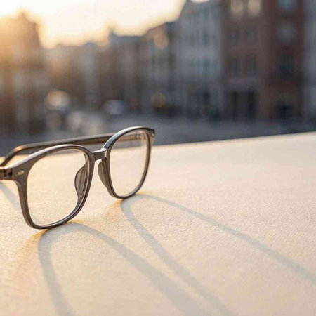 Glasses on the background of the city. Selective focus.