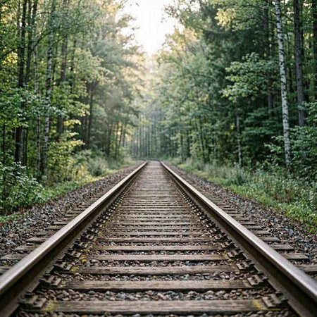 Railway in the forest. Railway tracks in the forest. Railway in the forest.
