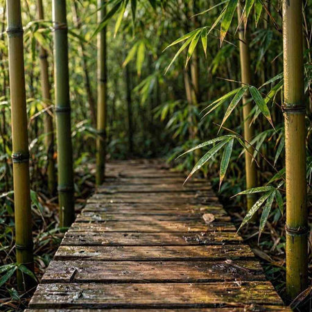 Wooden walkway through the bamboo forest at Chiang Mai, Thailand