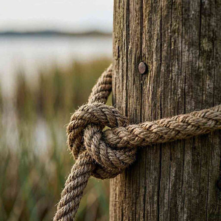 Rope tied to a wooden post on the shore of a lake