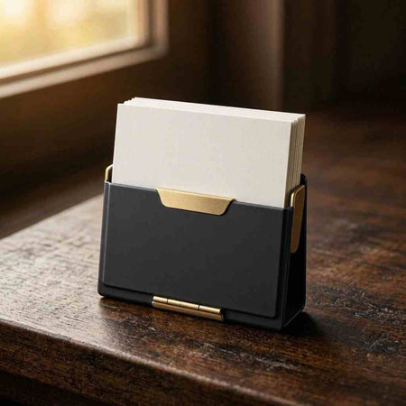 Blank business card holder on a wooden table. 3d rendering