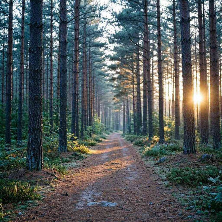 Path in the pine forest at sunset. Beautiful summer landscape with sunbeams.