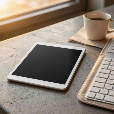 Tablet computer and coffee cup on the table in the morning.