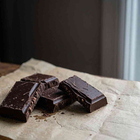Dark chocolate bars on baking paper. Dark background. Selective focus.