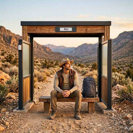 Tourist sitting in a bus stop waiting for his train at Nevada