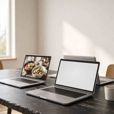 Laptop computer with blank screen on table in coffee shop, mockup