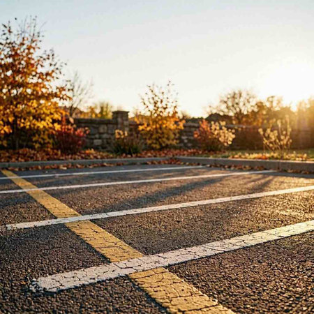 Empty parking lot at sunset. Empty parking lot with yellow and red leaves in autumn.