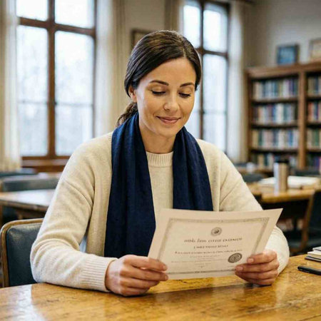 Woman reading a book in a library.  She is smiling.