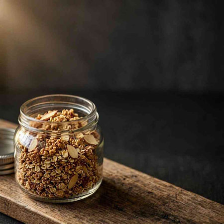Homemade granola in a glass jar on a dark wooden background