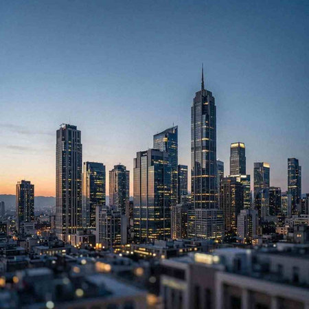 Aerial view of modern skyscrapers and business centers at sunset
