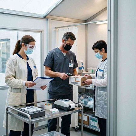 Group of doctors and nurses working on a medical project in a hospital