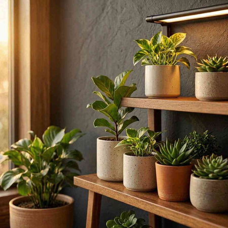 Houseplants in pots on wooden shelf in cozy room. Stylish interior design.