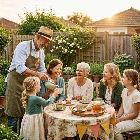 Grandparents With Grandchildren Enjoying Tea Party In Countryside Together