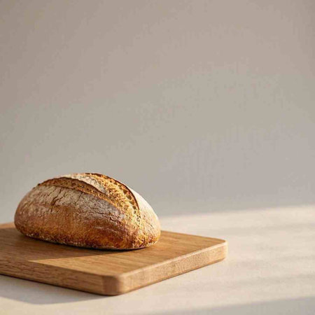 A loaf of bread on a wooden cutting board on a white background