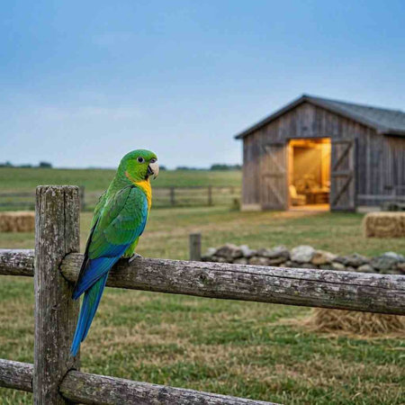 A beautiful green parrot sits on a fence in front of a barn