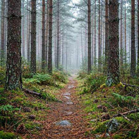 Path through the pine forest in a foggy morning, Finland.