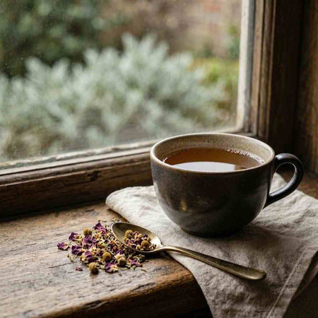 Cup of tea on a wooden window sill. Cup of tea with flowers on the windowsill.