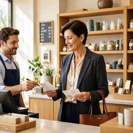 Waitress In Coffee Shop Showing Passport To Male Customer Using Digital Tablet