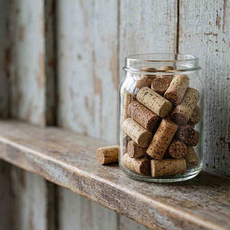 Wine corks in a glass jar on a wooden shelf.
