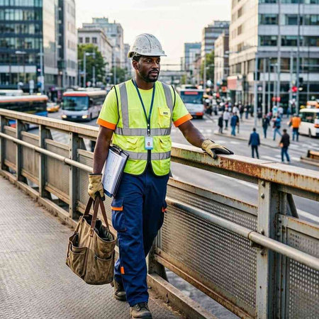 African american construction worker in safety helmet and reflective vest walking on the bridge.