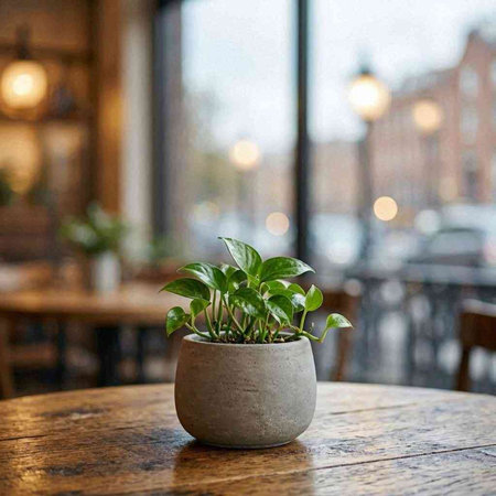 A small plant in a pot on a wooden table in a cafe