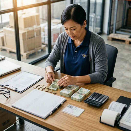 Mature Asian businesswoman counting money in office. Business and finance concept.