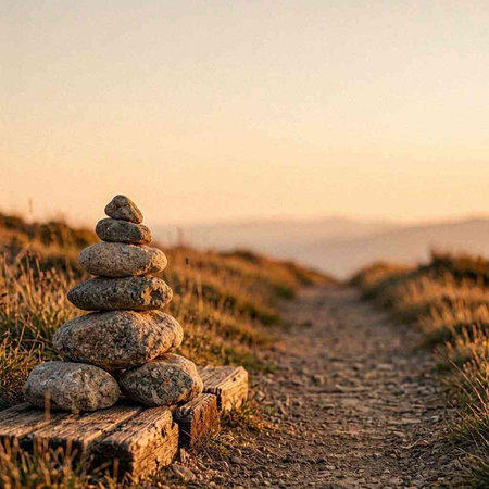 Stone stack on the top of a mountain in the morning light.