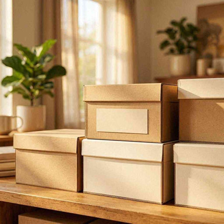 Cardboard boxes on a wooden table in a modern living room.