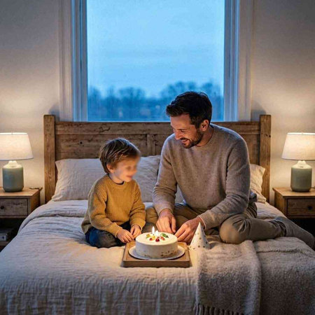 Father and son celebrating birthday with cake and candles in bedroom at home