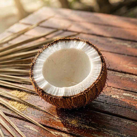 Coconut on a wooden table. Coconut on a wooden table.