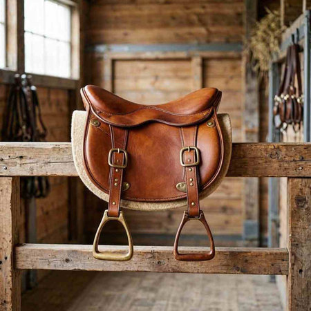 Leather saddle for equestrian on a wooden fence in a stable