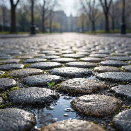 Cobblestone walkway in the park with a small green sprout